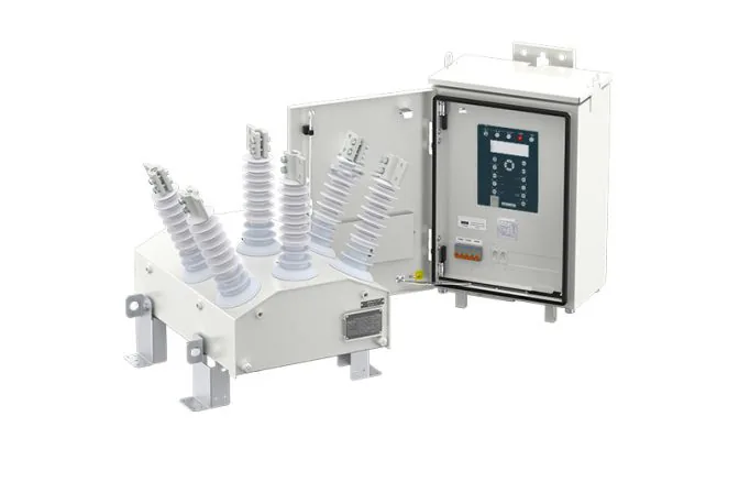 Magvatech REC25 auto recloser: white switching tank with six bushings, beside an open RC5 control cabinet