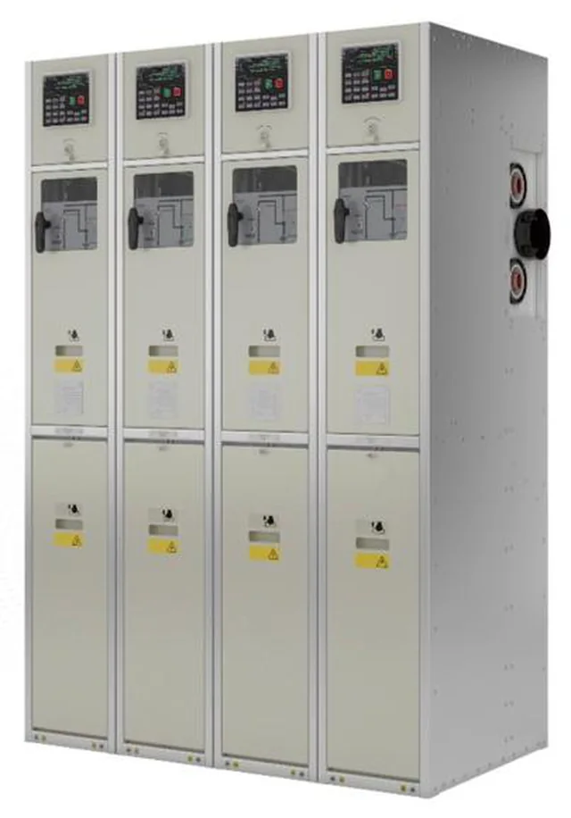 Magvatech SGF/MVT SF6-free switchgear, a four-panel medium-voltage lineup with a protection relay on each cubicle
