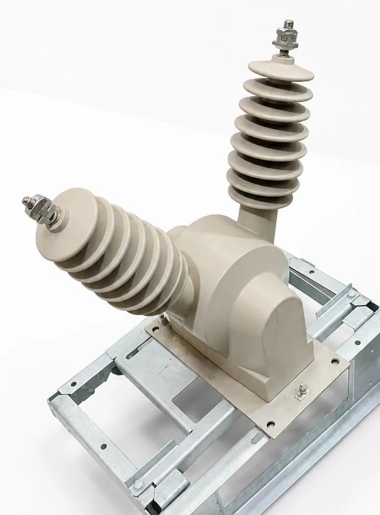 VTOP series outdoor voltage transformer for 33kV networks, a grey cast resin unit with two ribbed bushings on a galvanised mounting frame